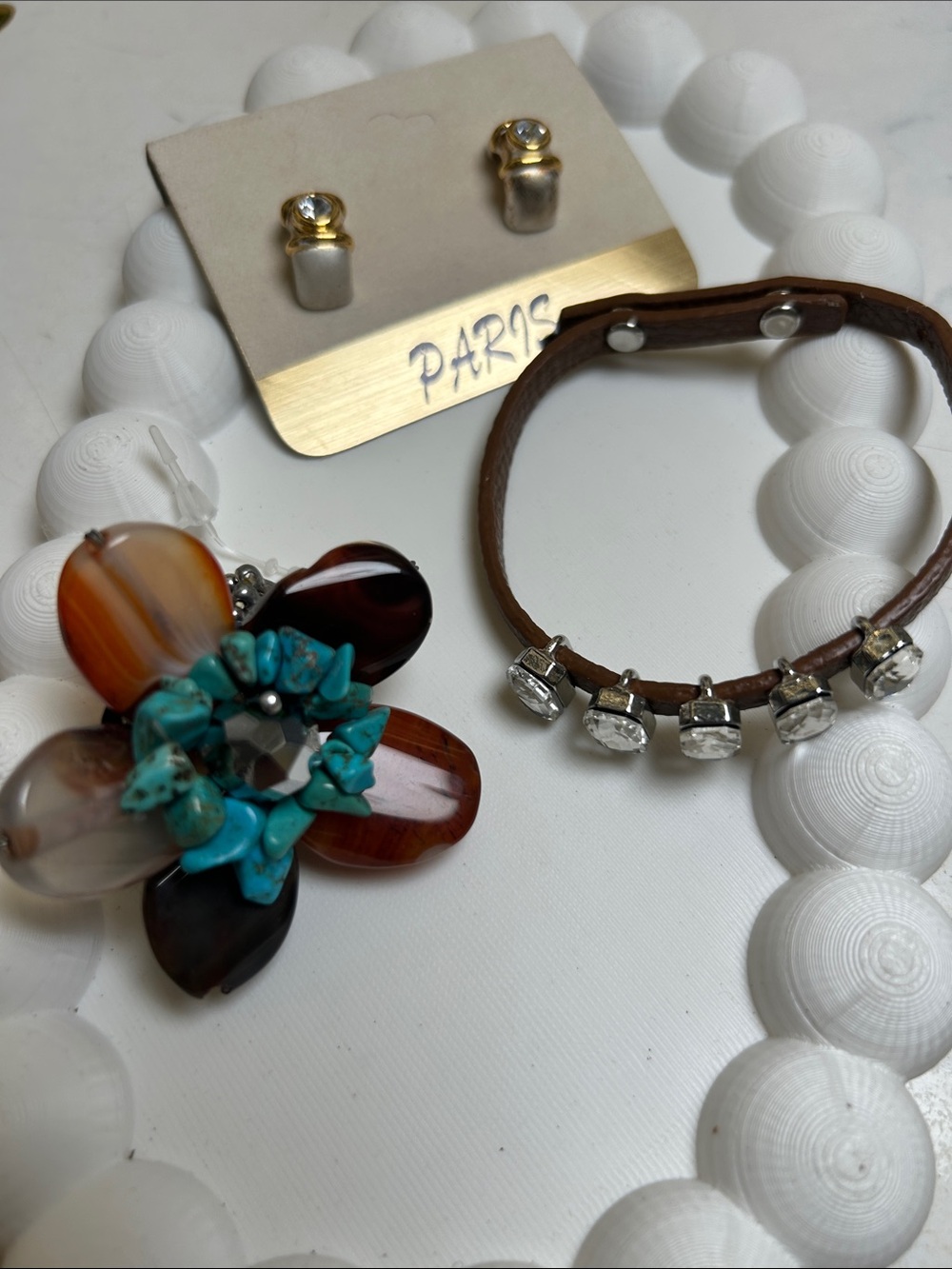 Bundle  Brown Leather Crystal Bracelet with Turquoise Flower ring and irrings